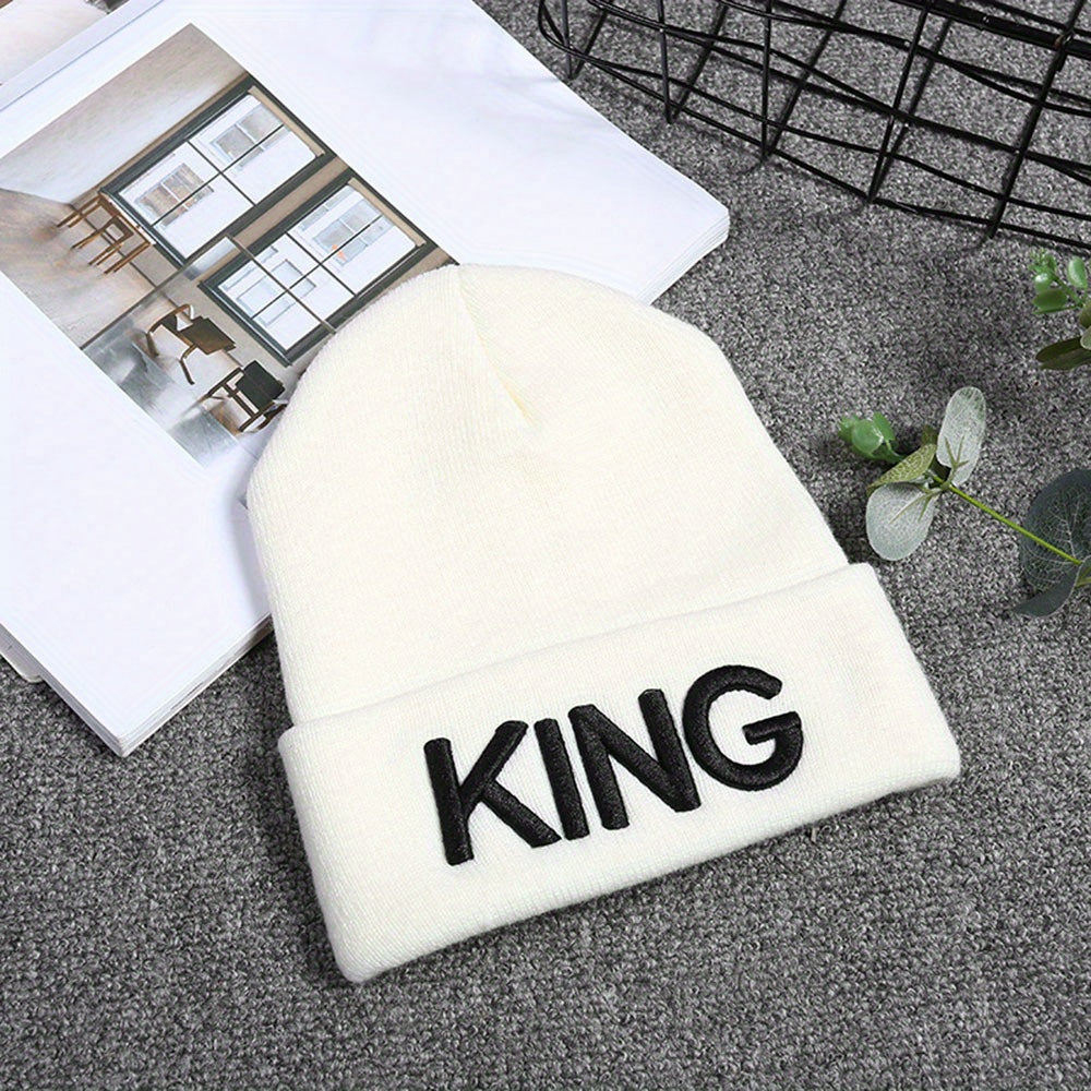 KING QUEEN Embroidery Beanie Solid Couple Knit Hat Elastic Skull Cap