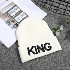 KING QUEEN Embroidery Beanie Solid Couple Knit Hat Elastic Skull Cap