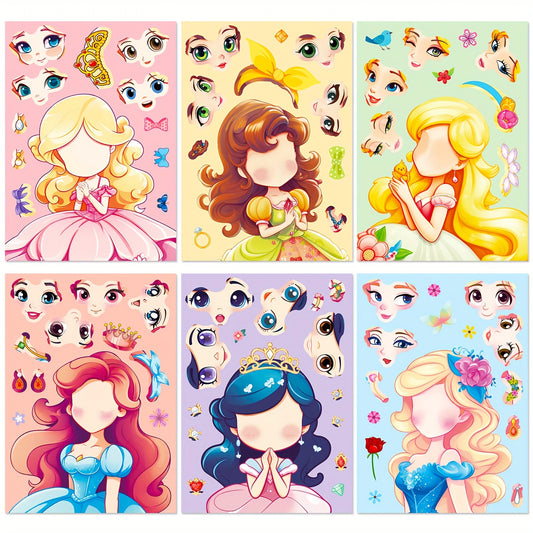 6pcs Princess Face Changing Stickers Cartoon Puzzle Stickers