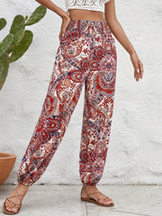 Ethnic Floral Print Pants Casual Shirred Long Length