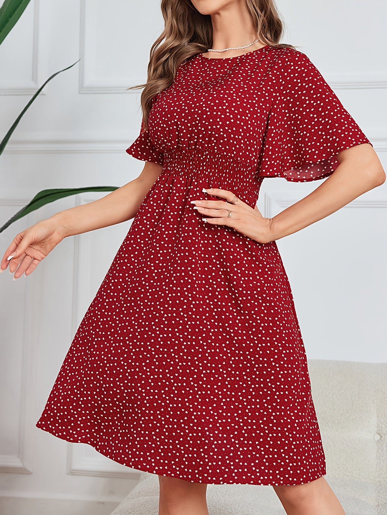 Heart Print Shirred Waist Dress Crew Neck Short Sleeve Dress
