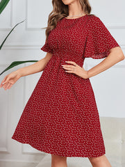 Heart Print Shirred Waist Dress Crew Neck Short Sleeve Dress