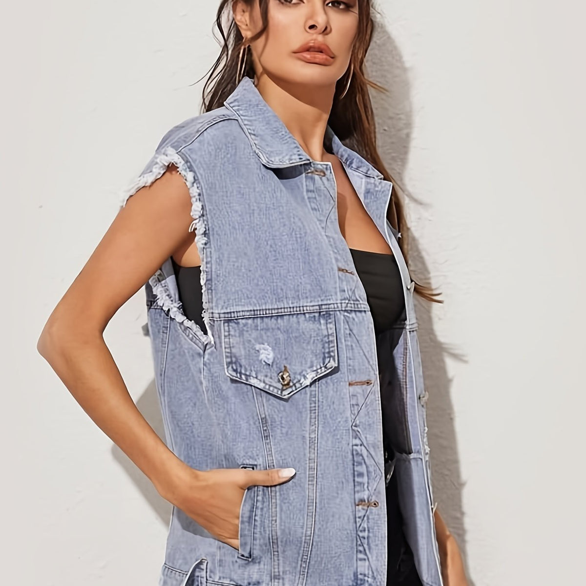 Women's Ripped Holes Sleeveless Denim Jacket Distressed Vest