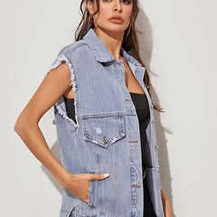 Women's Ripped Holes Sleeveless Denim Jacket Distressed Vest