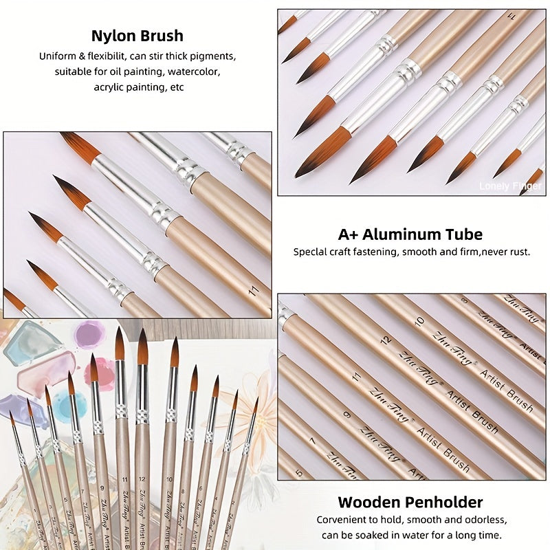 12pcs Professional Paint Brushes Set Round Pointed Tip Nylon Hair