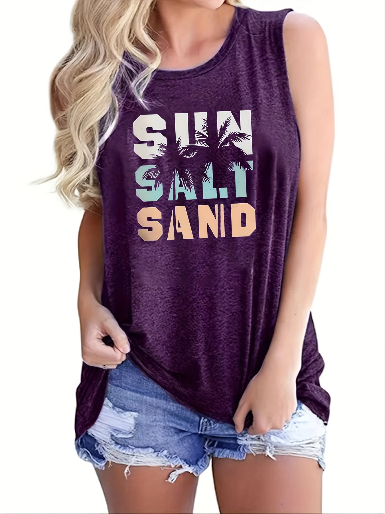Sun Salt Sand Print Tank Top Sleeveless Crew Neck Beach Tank