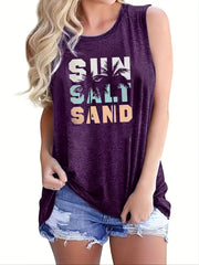 Sun Salt Sand Print Tank Top Sleeveless Crew Neck Beach Tank