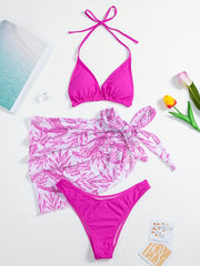 Leaf Print Bikini Set With Cover Up