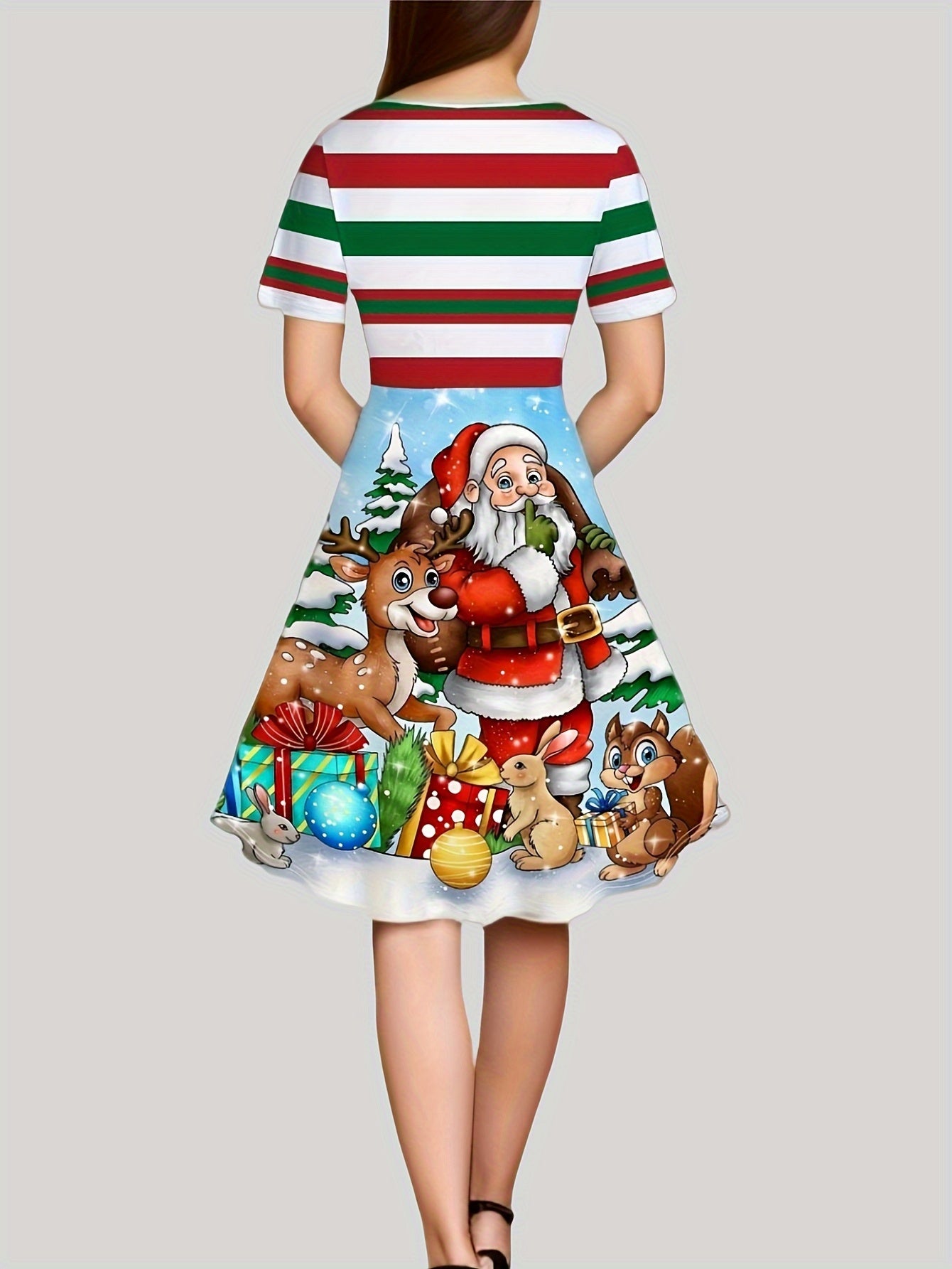 Women's Plus Graphic Print Short Sleeve Round Neck Christmas Casual Dress