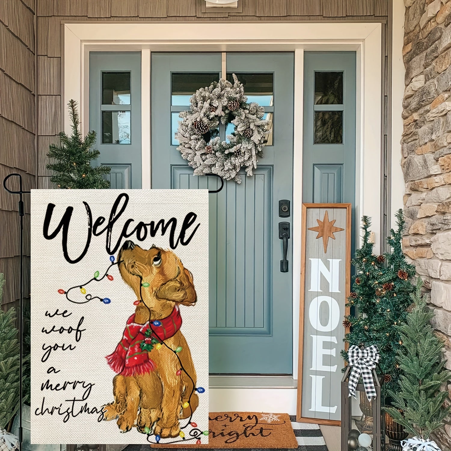 Christmas Dog Garden Flag Double Sided Golden Retriever Burlap Winter Decoration