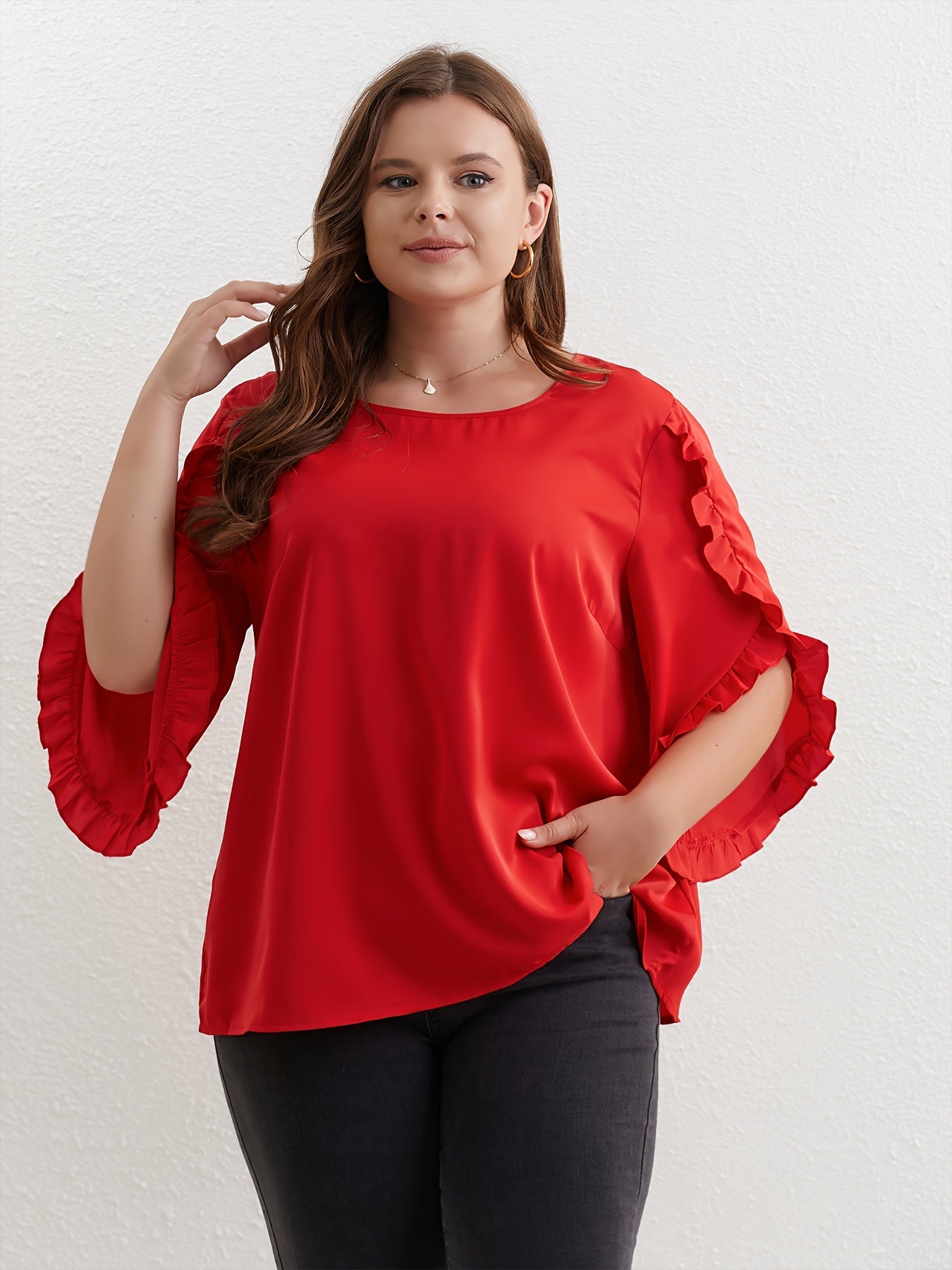  Solid Ruffle Trim Petal Sleeve Top
