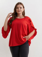  Solid Ruffle Trim Petal Sleeve Top