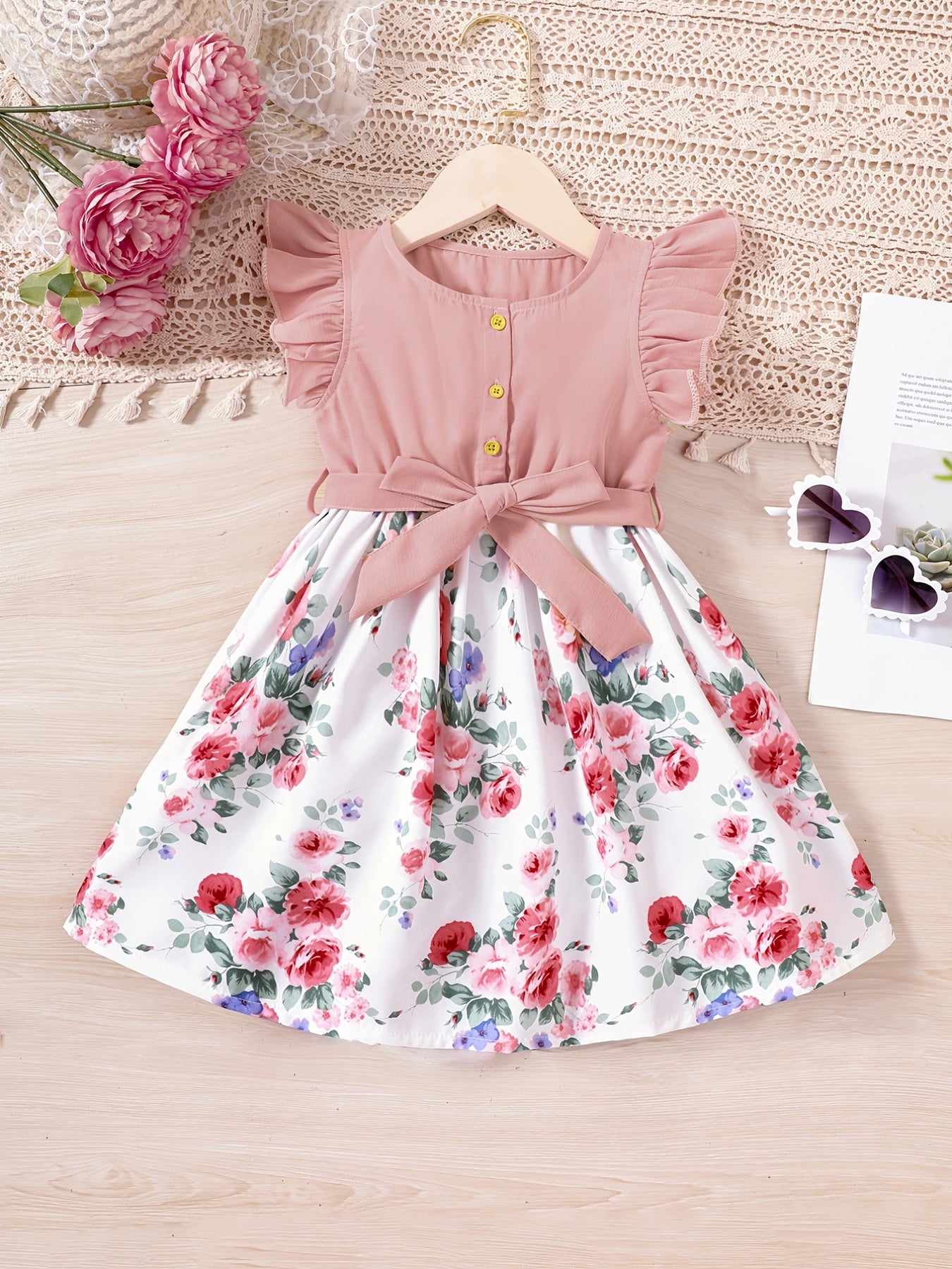 Floral Ruffle Trim Princess Dress For Party Kids Summer