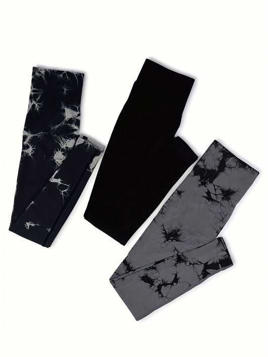 3pcs Tie Dye Yoga Pants High Stretch Sports Leggings