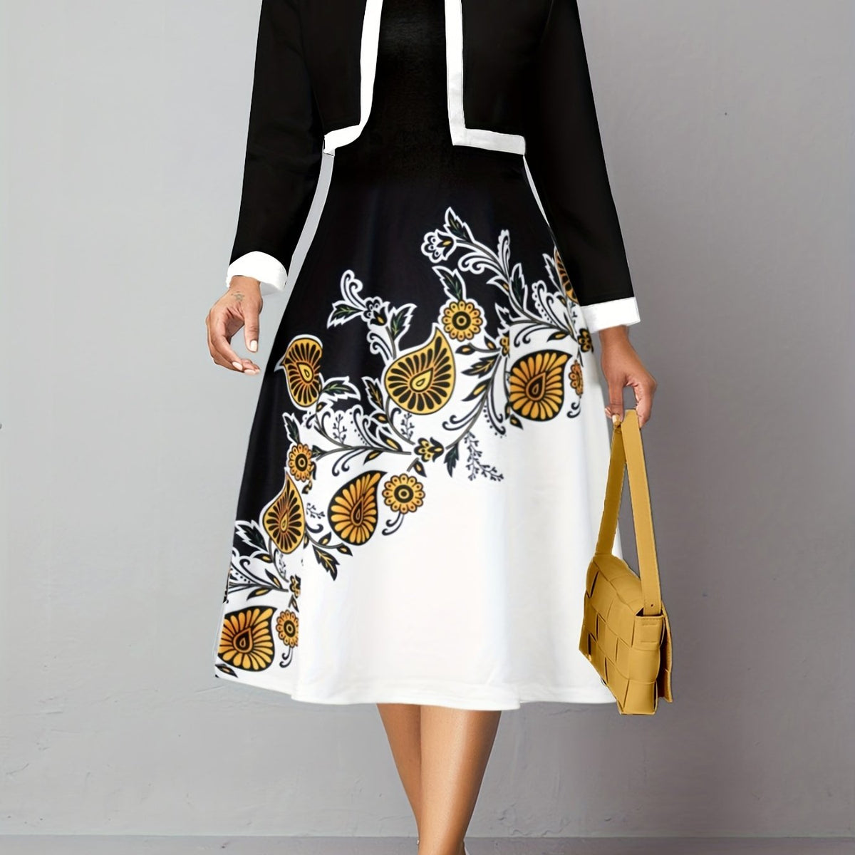 Contrast Trim Crop Jacket & Floral Print Dress Set Women's Outfits
