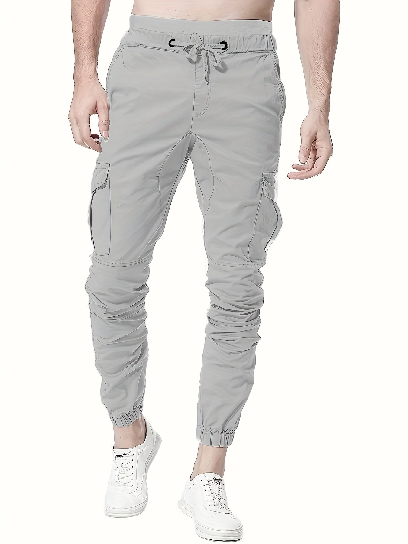 Solid Men's Drawstring Cargo Pants Flap Pocket Jogger Pants