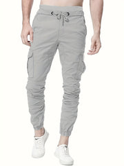 Solid Men's Drawstring Cargo Pants Flap Pocket Jogger Pants