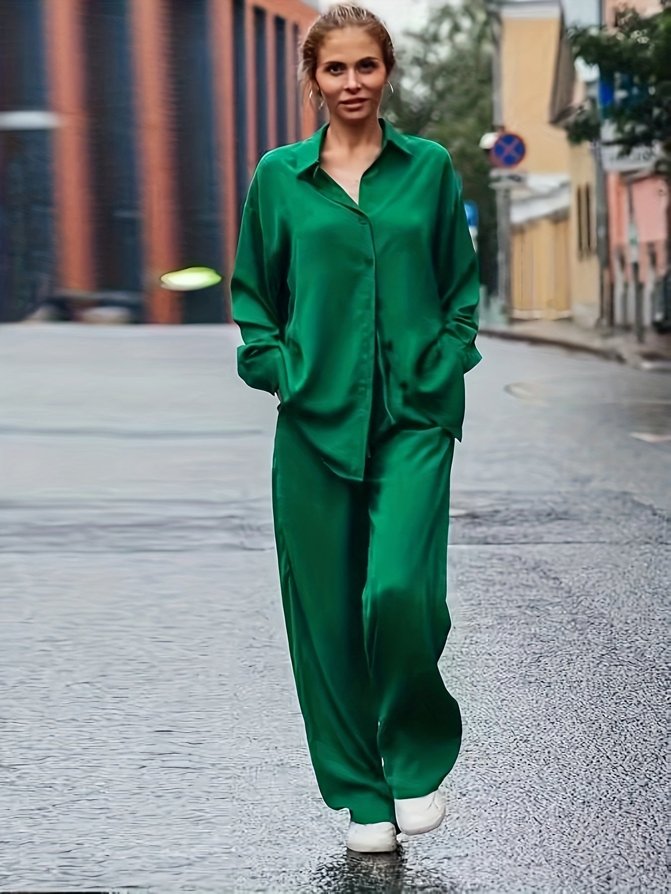  2 Piece Set: Button Up Blouse & Wide Leg Pants