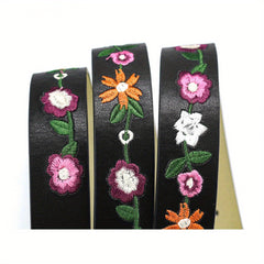 Boho Flower Embroidery Belt Vintage Pin Buckle PU Leather Waistband