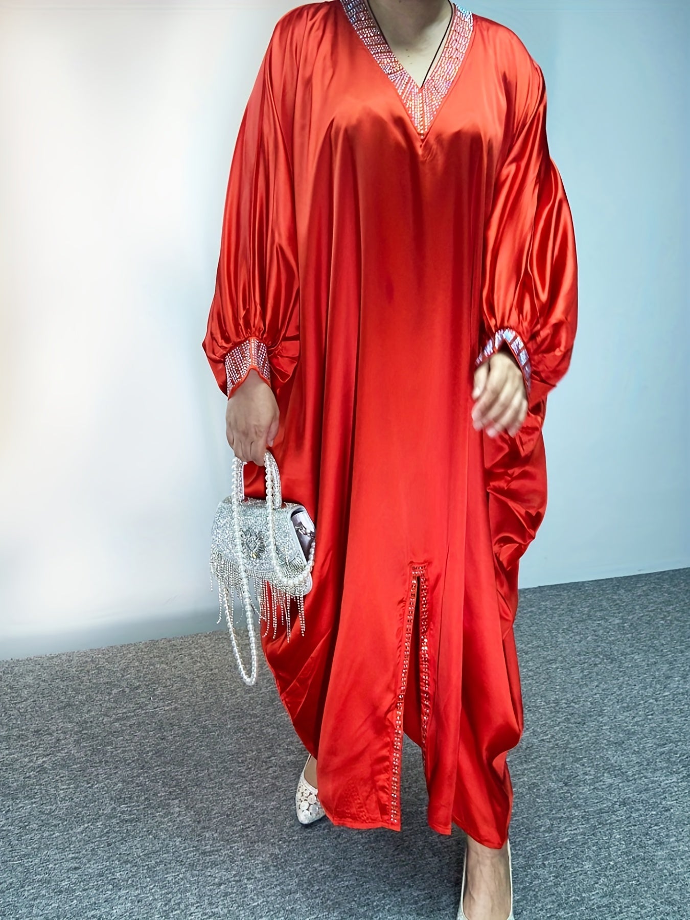  Glitter Rhinestone Satin Batwing Maxi Dress