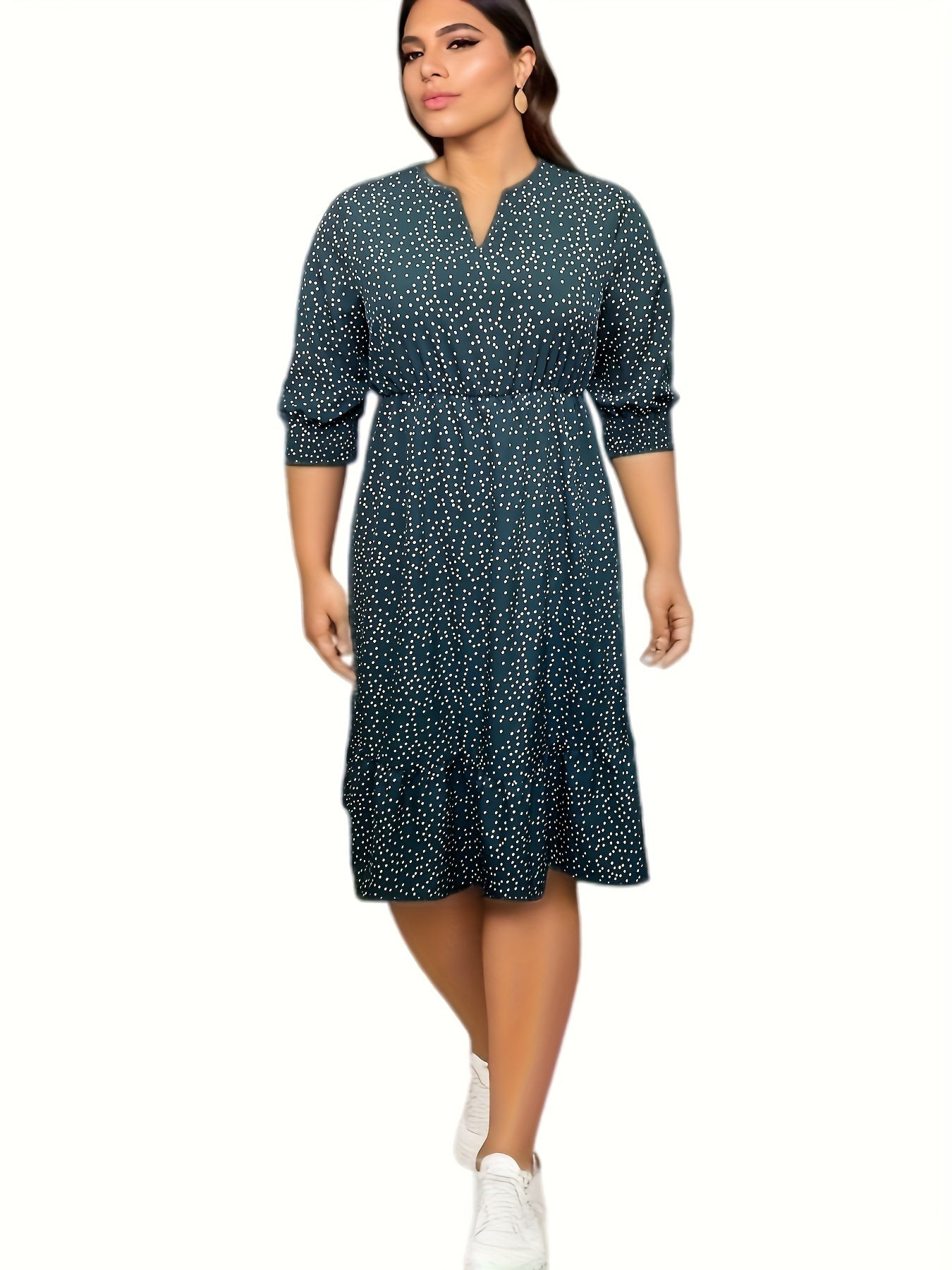  Women's Polka Dots Bubble Sleeve Notched Neck Dress