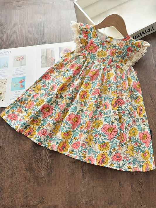 Girls' Bohemian Sundress With Ditsy Floral Print Dresses For Holiday Vacation