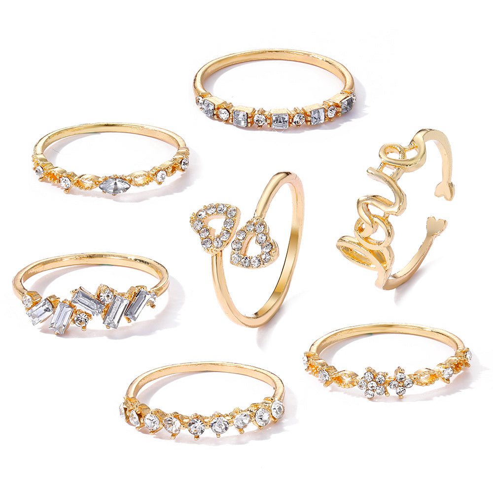 7pcs Golden Letter Love Rhinestone Joint Ring Set For Women