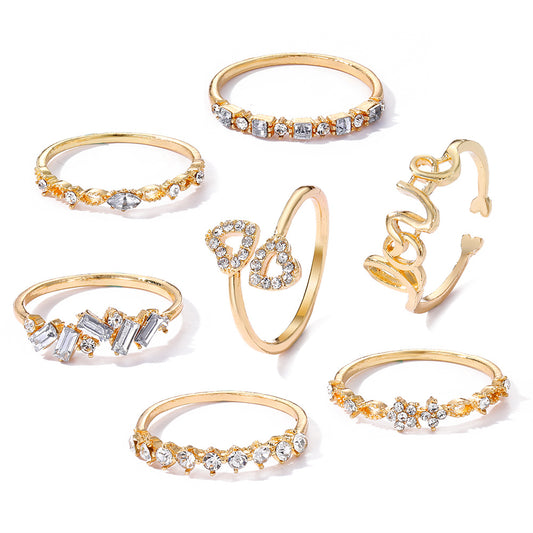 7pcs Golden Letter Love Rhinestone Joint Ring Set For Women