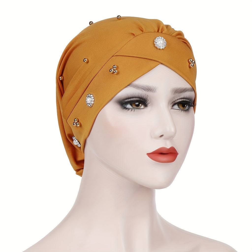Beaded Flower Decor Head Wrap Solid Beanie Lightweight Hijab Hat