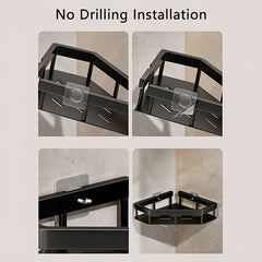 Adhesive Corner Shelf Wall Mounted with Hooks for Kitchen Bathroom