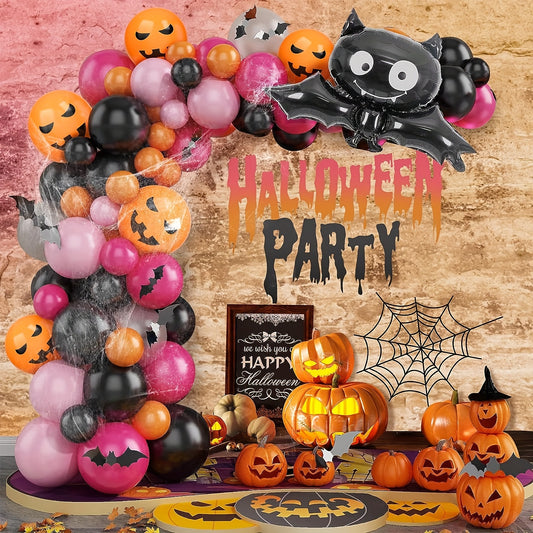 115pcs Halloween Balloon Garland Kit Orange Latex Pumpkin Spider Web Bats
