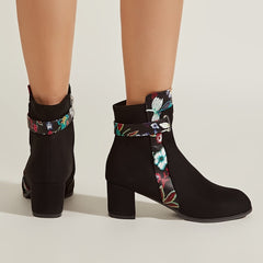 Floral Pattern Boots Point Toe Block Heel Side Zipper Winter Shoes