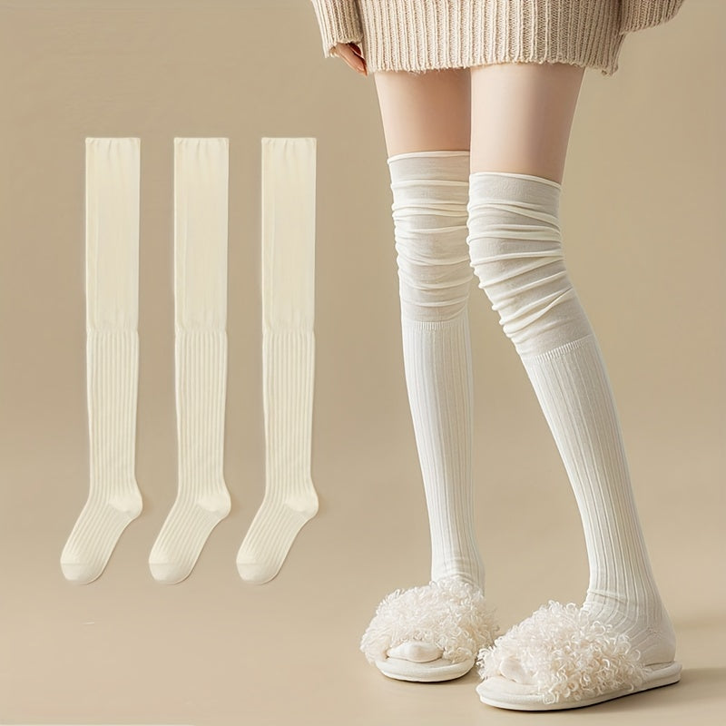 3 Pairs Solid Thigh High Socks Women's Stockings
