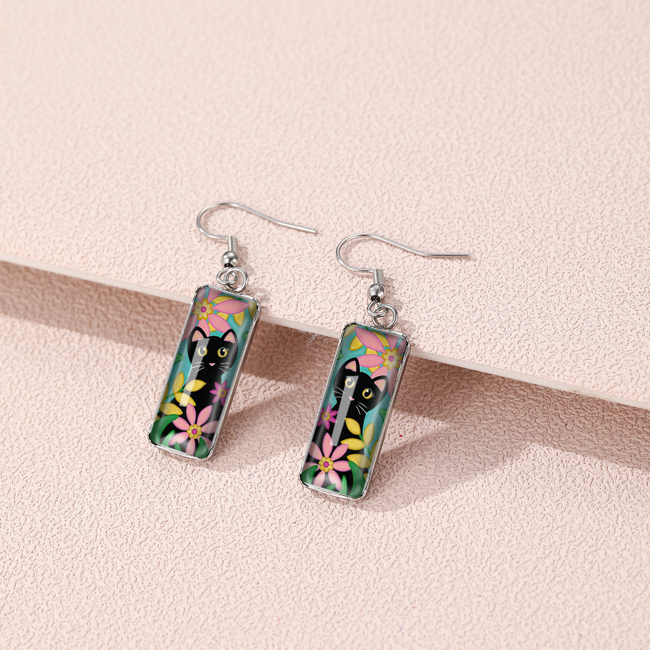 Cat Pattern Rectangle Drop Hook Earrings Jewelry Kitten Animal Party