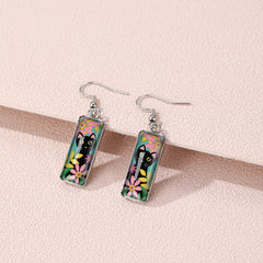 Cat Pattern Rectangle Drop Hook Earrings Jewelry Kitten Animal Party