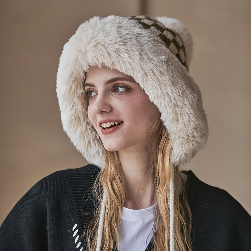 Fashionable Plaid Knit Plus Fur Ball Winter Hat