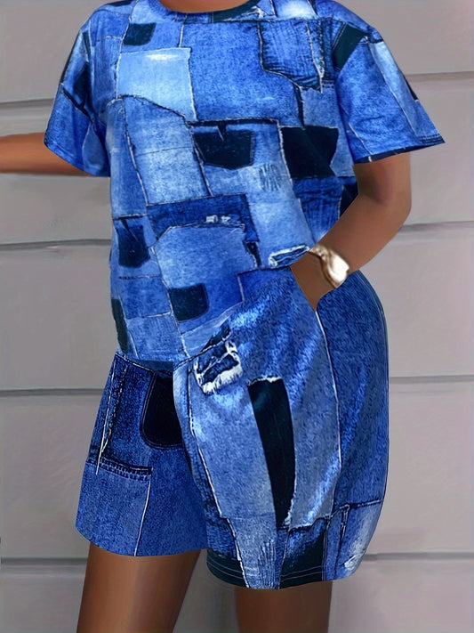 Patchwork Casual Two piece Set Crew Neck Short Sleeve T shirt & Slim Shorts