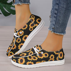 Women's Sunflower Print Canvas Shoes Casual Lace Up Lightweight Low Top Loafers