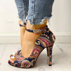 Retro Flower Stiletto Heels Peep Toe Buckle Pumps Summer