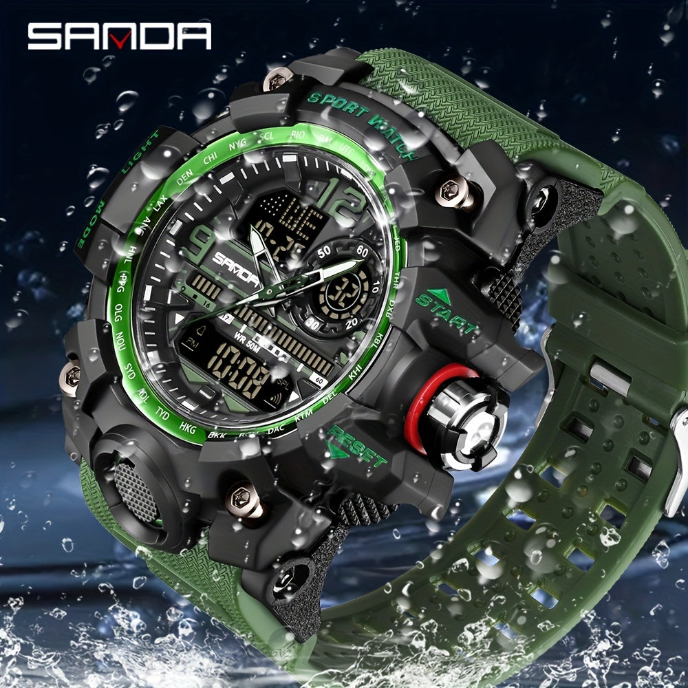 SANDA Men's Sports Watch Waterproof LED Dual Screen Multifunctional