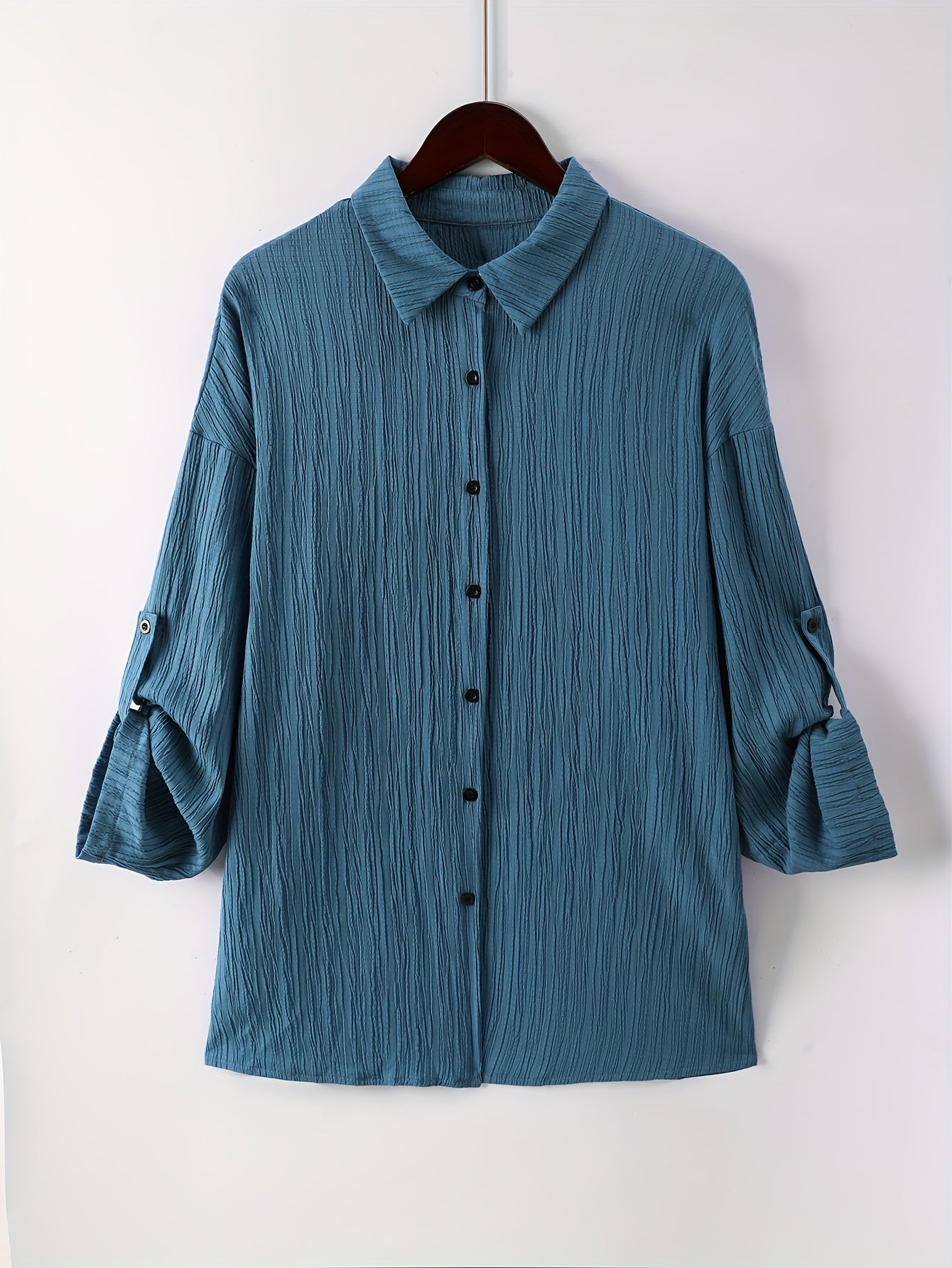  Solid Crinkle Button Up Roll Up Sleeve Blouse