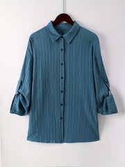  Solid Crinkle Button Up Roll Up Sleeve Blouse