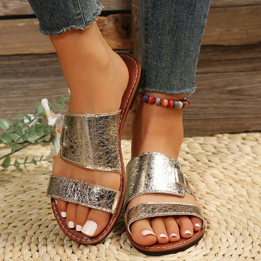 Women's Open Toe Flat Slides Casual Golden Slip On Slide Sandals