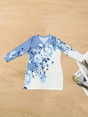  Sexy Dress Women's Plus Floral Print Button Decor Long Sleeve V Neck