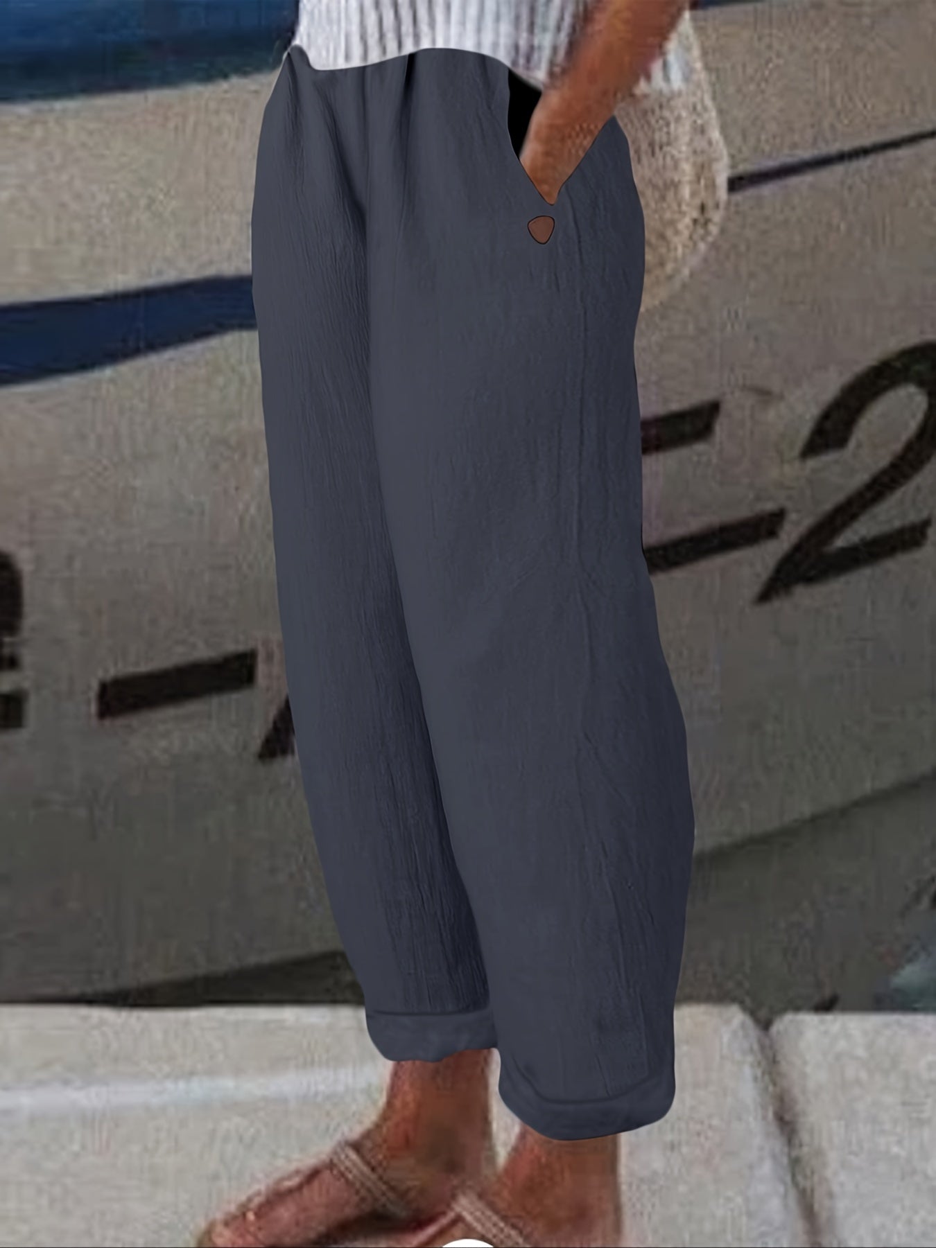 Solid Straight Leg Elastic Waist Pants Casual Dual Pockets Pants