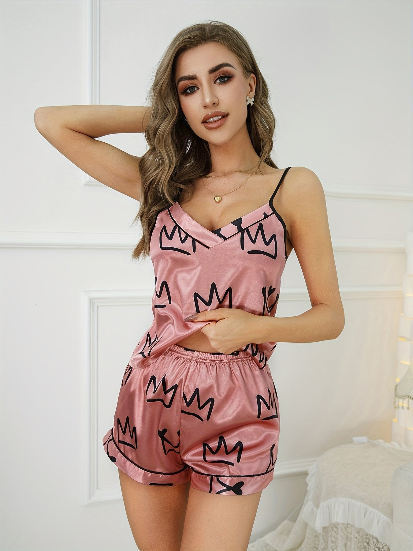 Crown Print Pajama Set V Neck Cami Top & Shorts