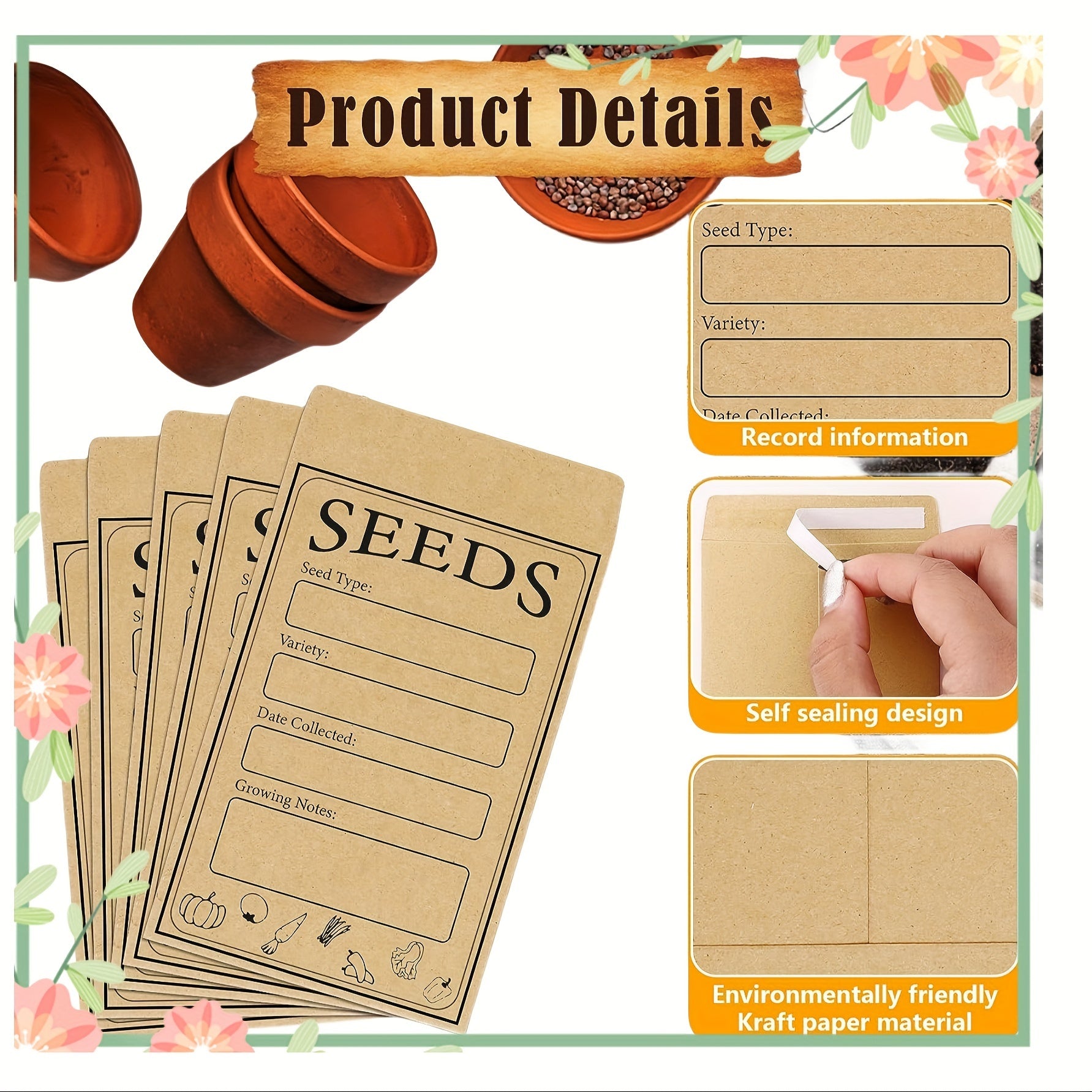 20pcs Self Sealing Seed Packet Envelopes Kraft Seed Saving Envelopes Organizer