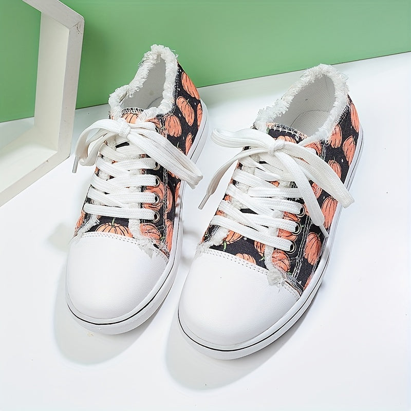 Women's Pumpkin Print Canvas Shoes Halloween Low Top Flat Walking Shoes