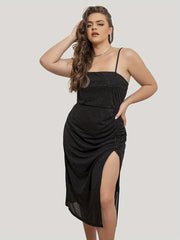  Glitter Square Neck Ruched High Split Side Cami Party Dress