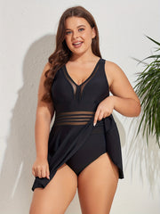  Mesh Stripe V Neck One Piece Swimsuit